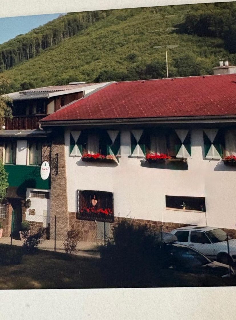 Straßenansicht des Hauses Feuchtl in Purkersdorf bei Wien – weißes Gebäude mit rotem Dach, grün-weißen Fensterläden und roten Geranien in den Blumenkästen, dahinter der bewaldete Wienerwald