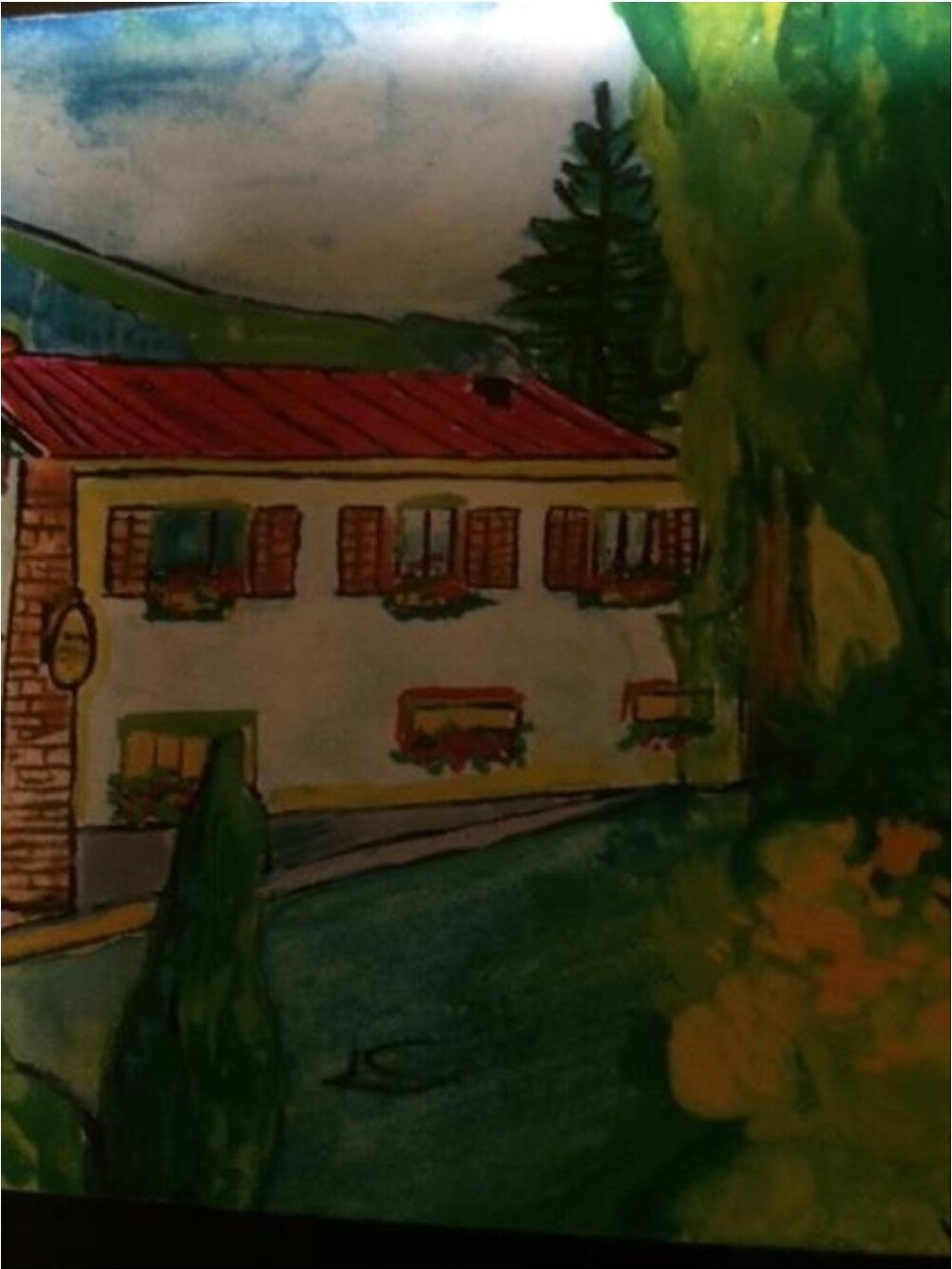 Haus Feuchtl im Sommer – Gouache auf Papier · 16 × 12 cm – Sandy