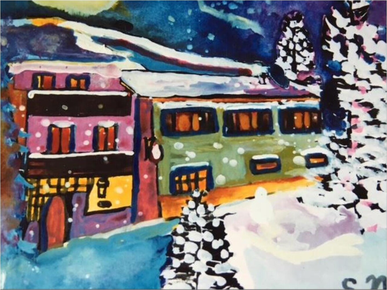 Haus Feuchtl im Winter – Gouache auf Papier · 12 × 16 cm – Sandy