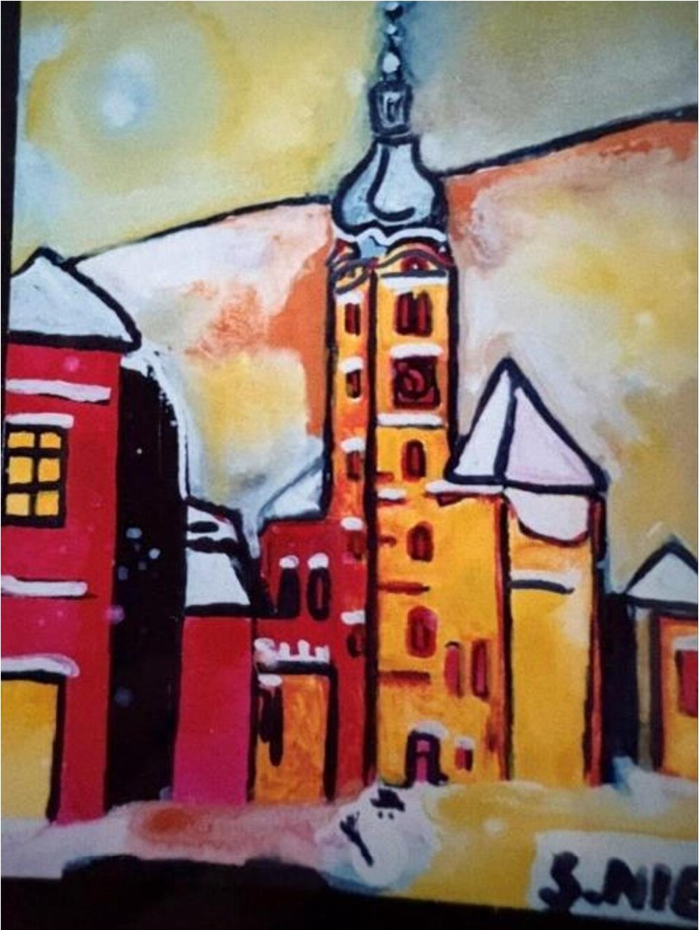 Kirche in Purkersdorf im Winter – Gouache auf Papier · 12 × 16 cm – Sandy