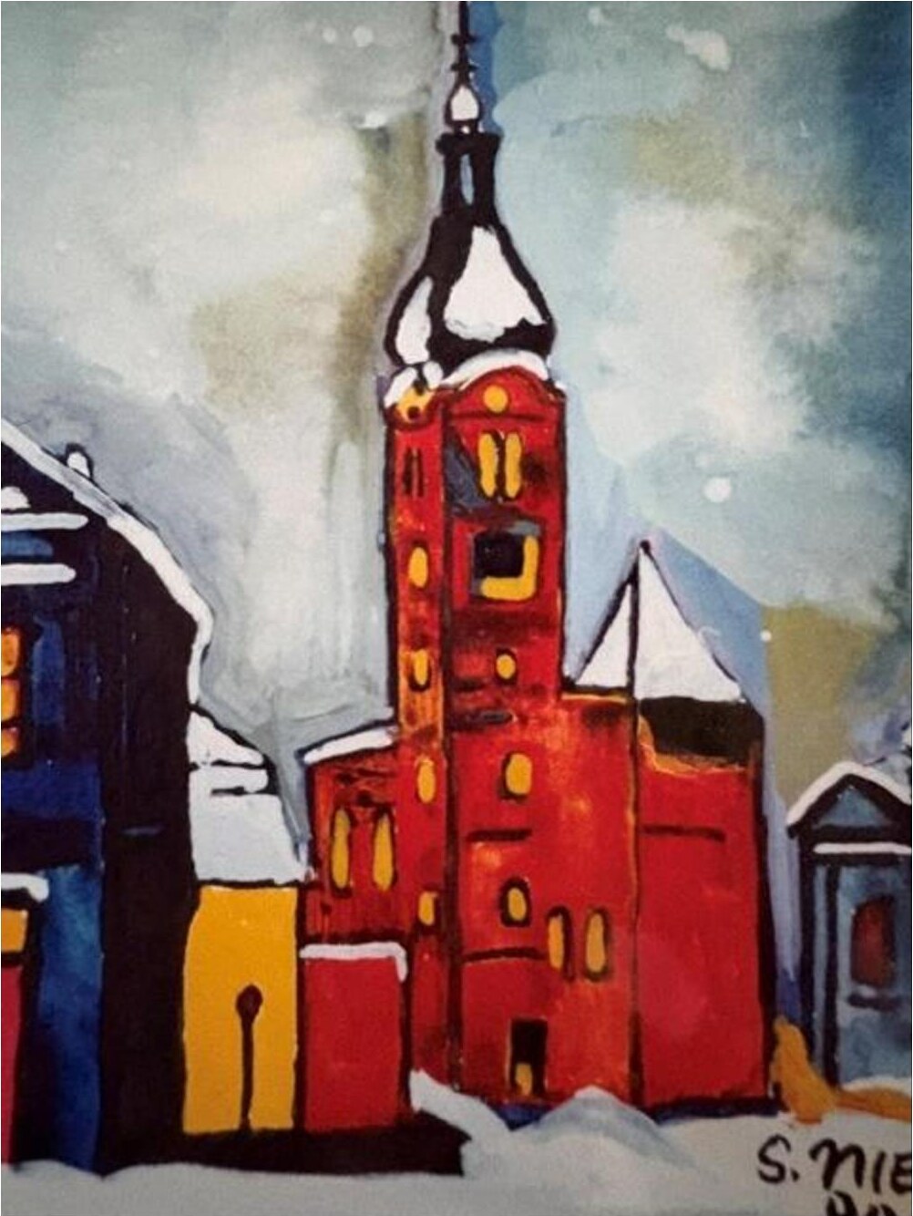 Kirche in Purkersdorf im Winter – Gouache auf Papier · 12 × 16 cm – Sandy