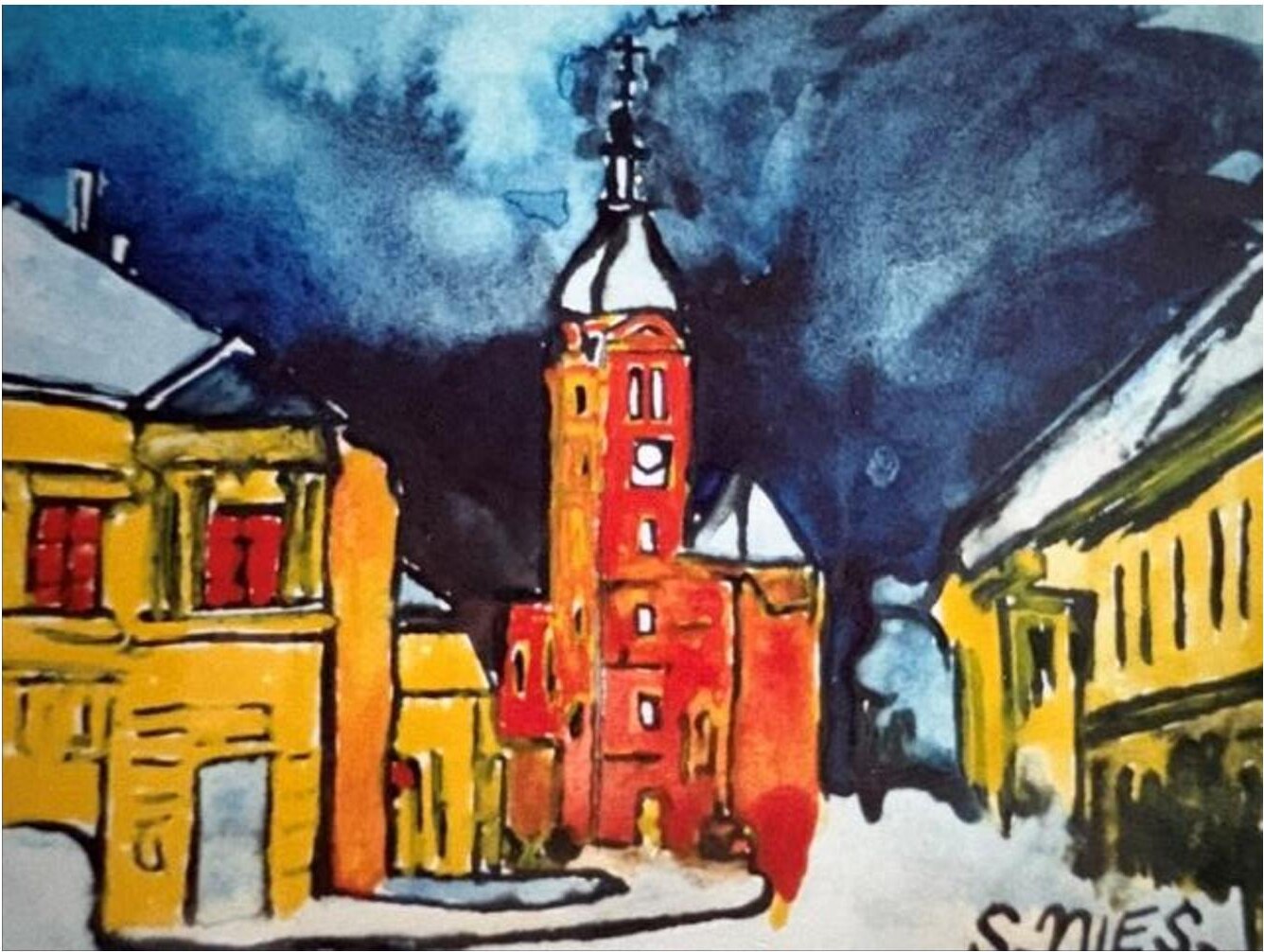 Kirche in Purkersdorf im Winter – Gouache auf Papier · 12 × 16 cm – Sandy