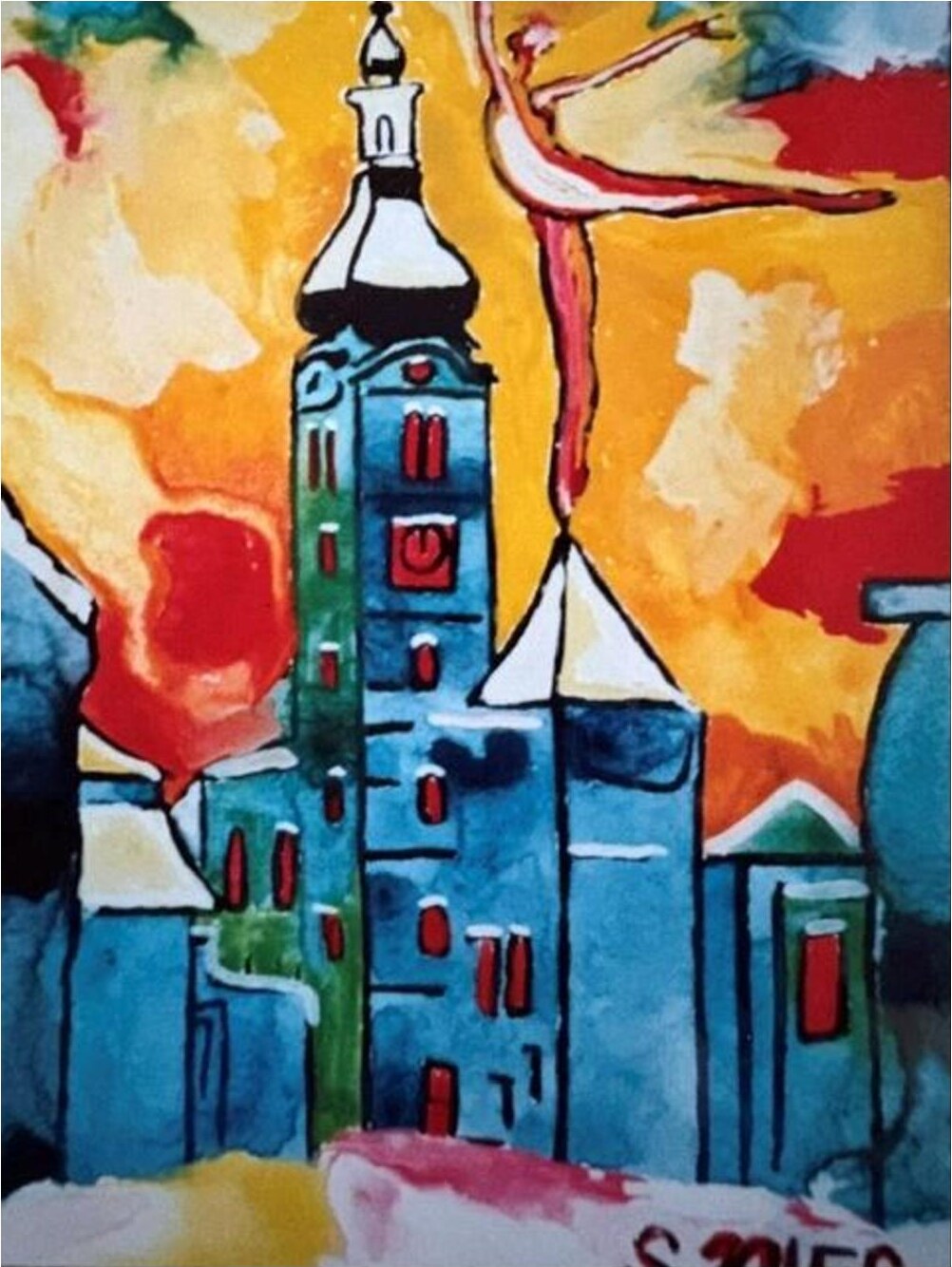 Kirche in Purkersdorf mit Ballerina – Gouache auf Papier · 12 × 16 cm – Sandy