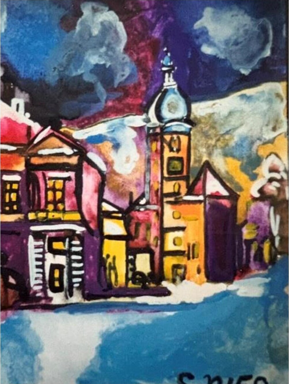 Kirche Purkersdorf im Winter – Gouache auf Papier · 12 × 16 cm – Sandy