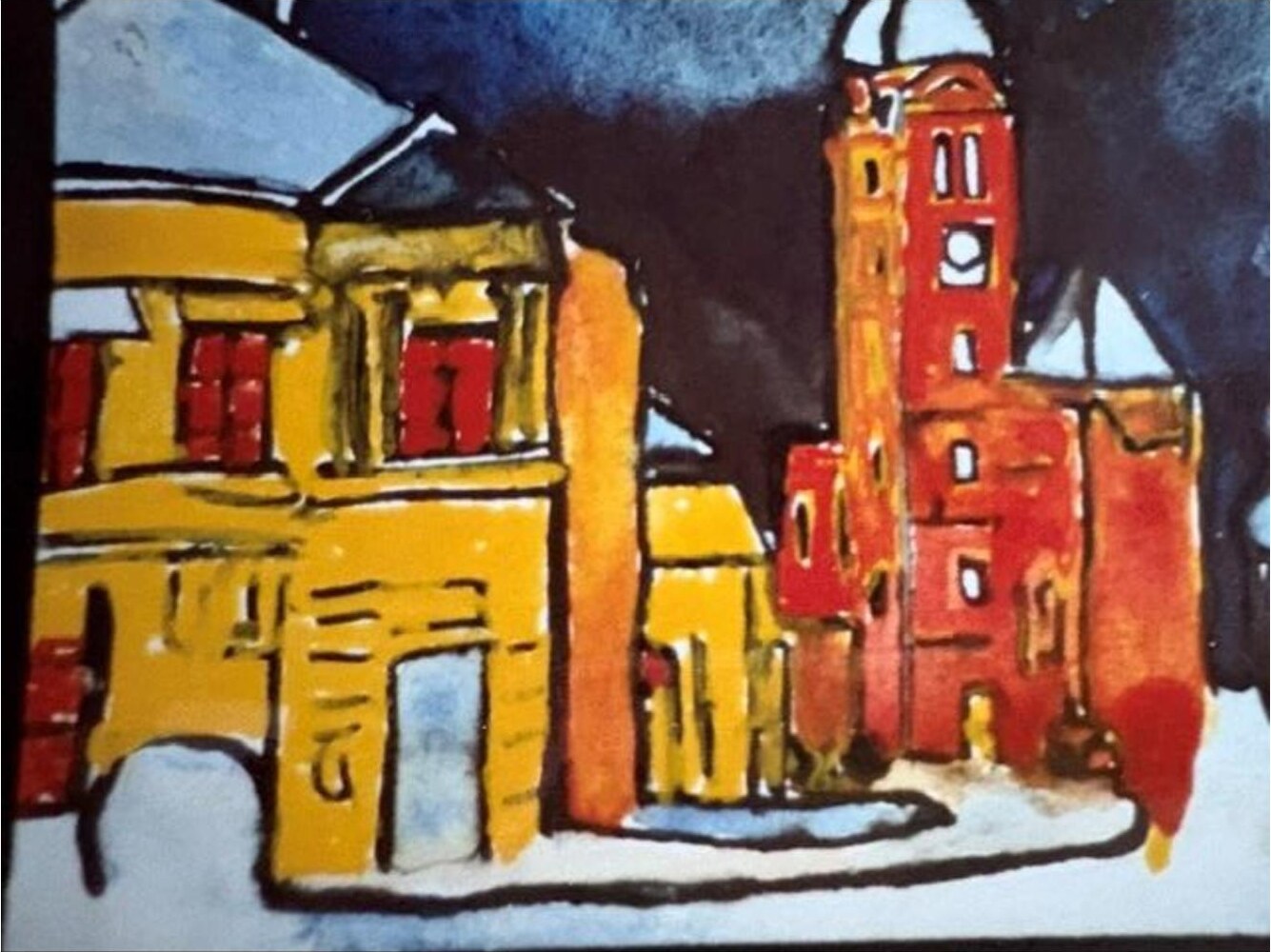 Kirche Purkersdorf im Winter – Gouache auf Papier · 12 × 16 cm – Sandy