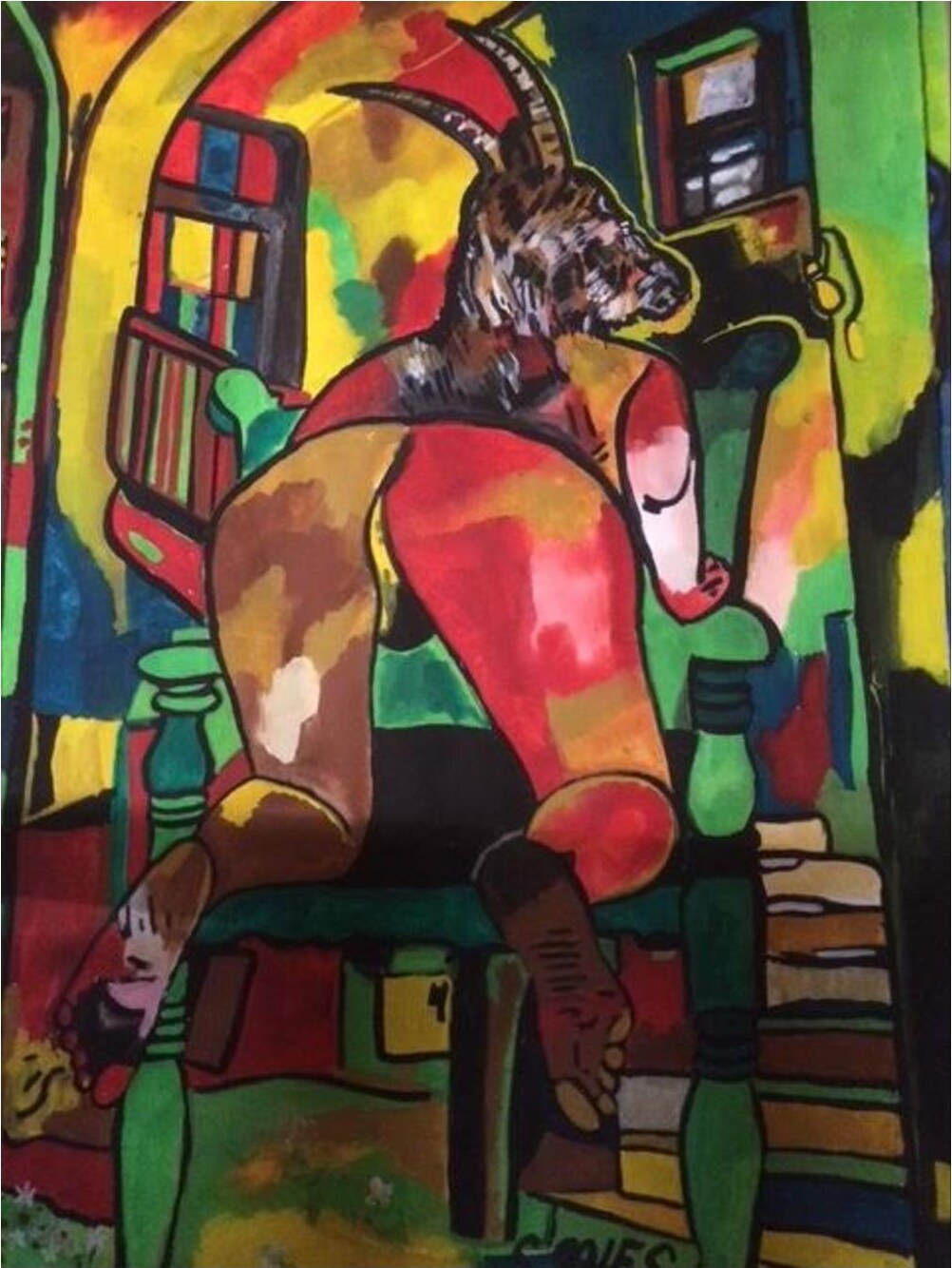 Ziege in der Bibliothek – Gouache auf Papier · 70 × 50 cm – Sandy